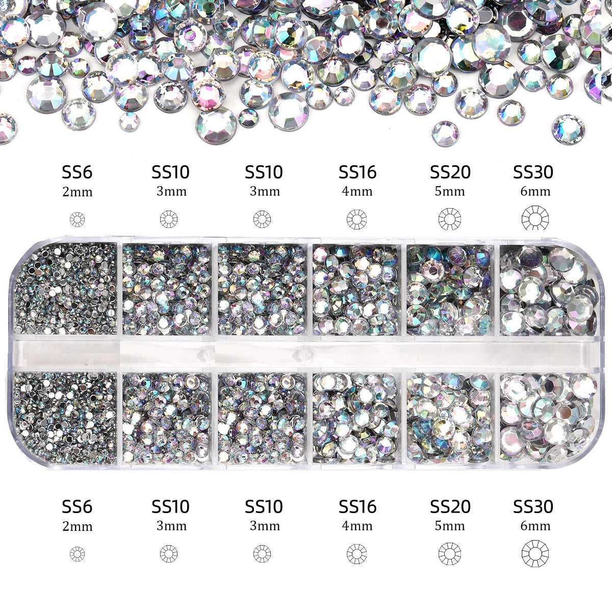 2400pcs+ Shiny Clear Crystal Gems Nail Rhinestones 1.5-4mm Mixed Round Glass Stone