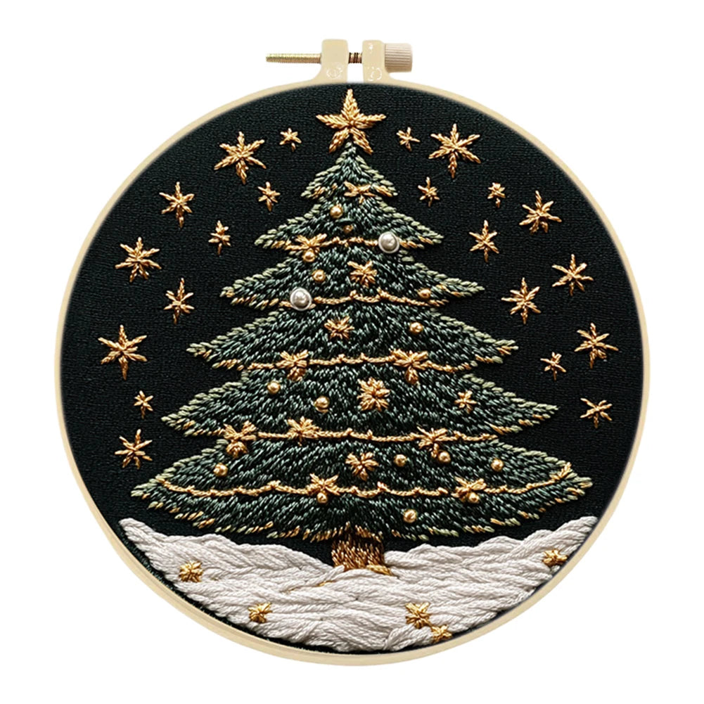 Christmas Tree Stamped Cross Stitch Embroidery Kits with Hoop Cloth Color Thread