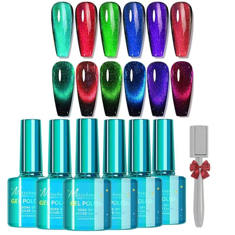 Cat Eye Gel Nail Polish 6 Colors Holographic Glitter Gel Polish Set