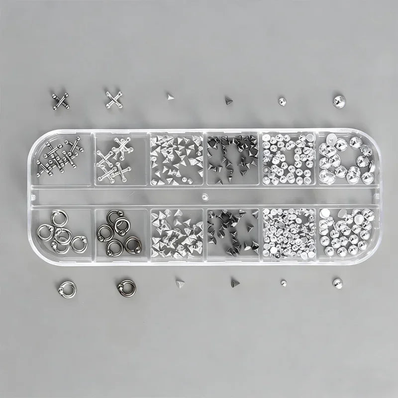 "12 Grid Gothic Nail Patch -3D Grey and Silver Alloy Rivets, Y2K Punk Nail Accessories, Metal Ring, Used for Nail Decoration.