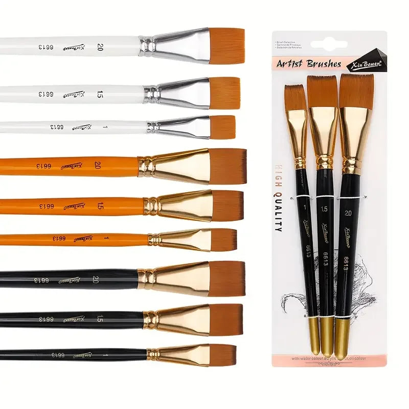 3pcs/Set Oil Painting Brushes-Wooden Mini Flat Nylon Paint Brush Set,Watercolor Brush for Body Painting Brush,Acrylic Art Paint