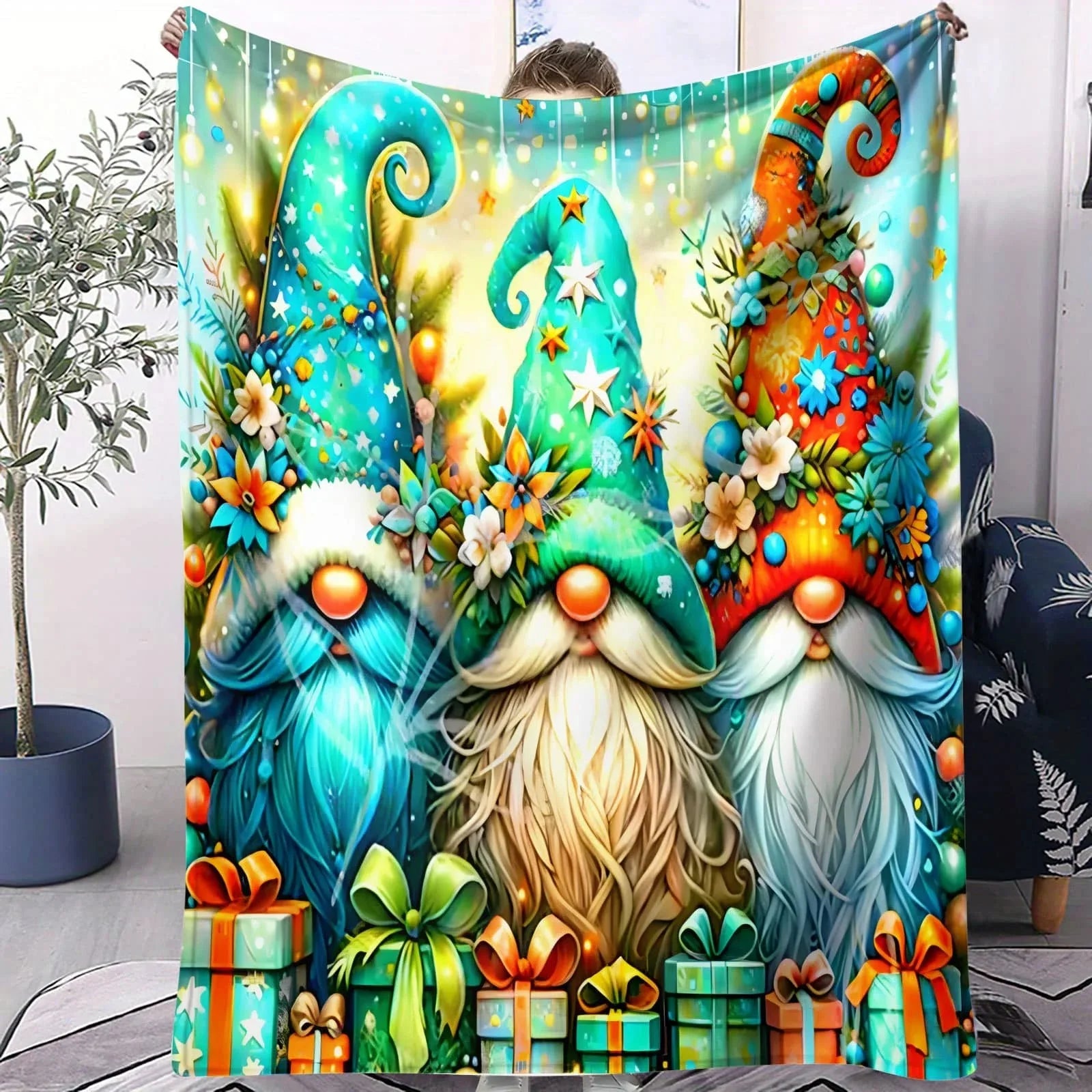 Fantasy Gnome Flannel Blanket Flower Holiday