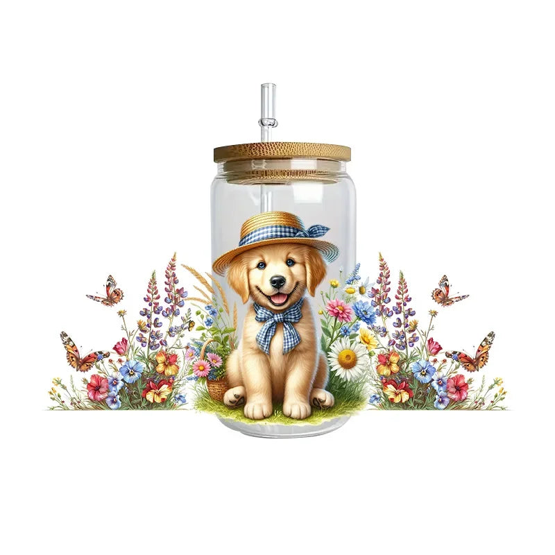 Cute dogs artwork UV 3D transfers UV DTF  stickers 16oz cup wraps