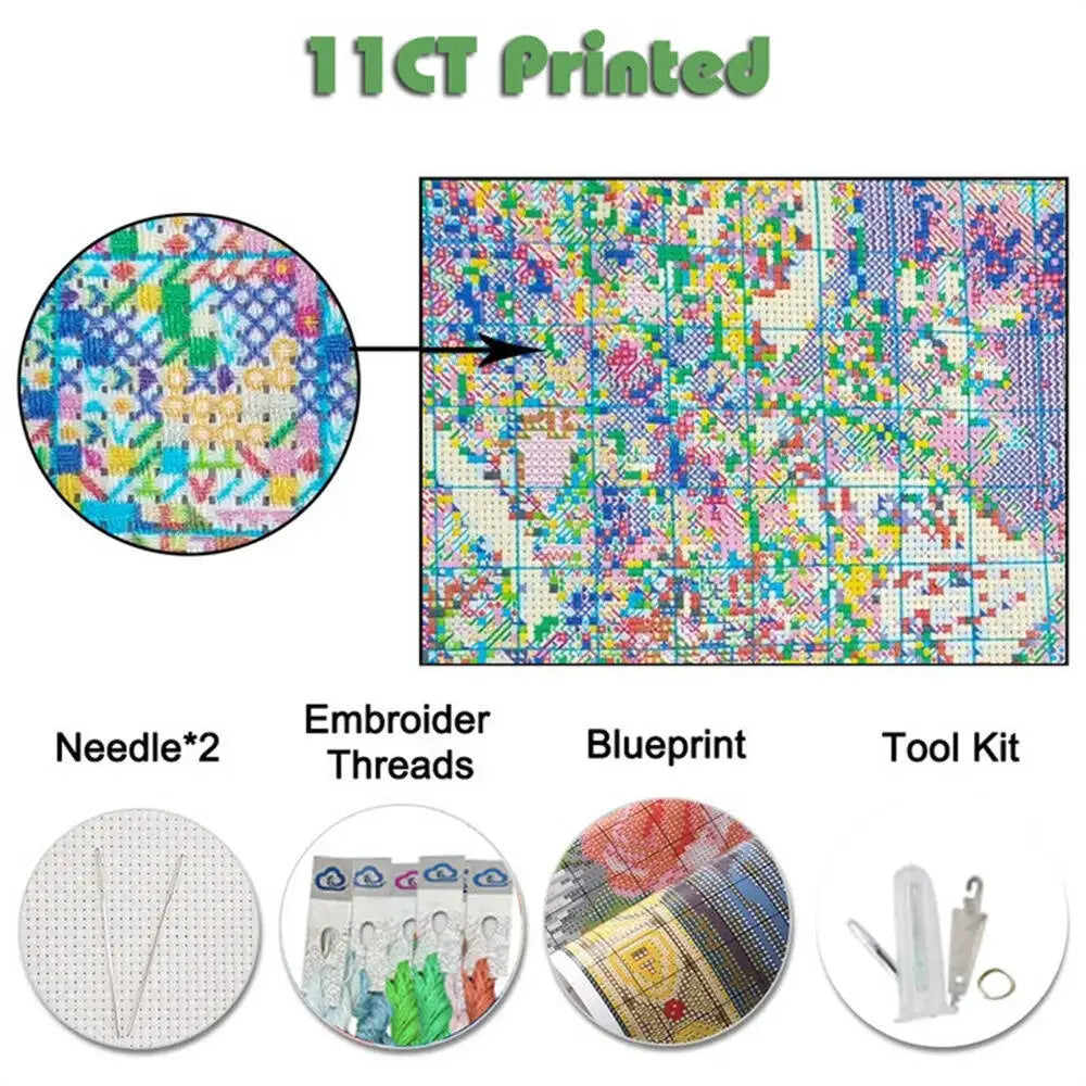 Cross Stitch Pillow Flower Basket Cart 11ct