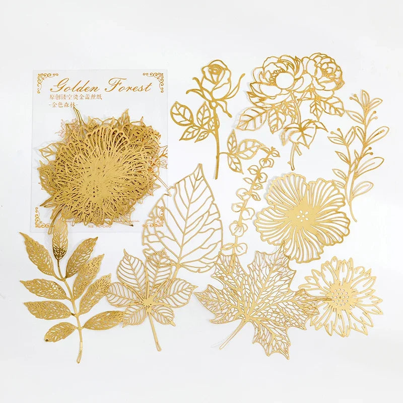 10Pcs Gold Lace Leaf Paper Scrapbook Sticker Die Cut