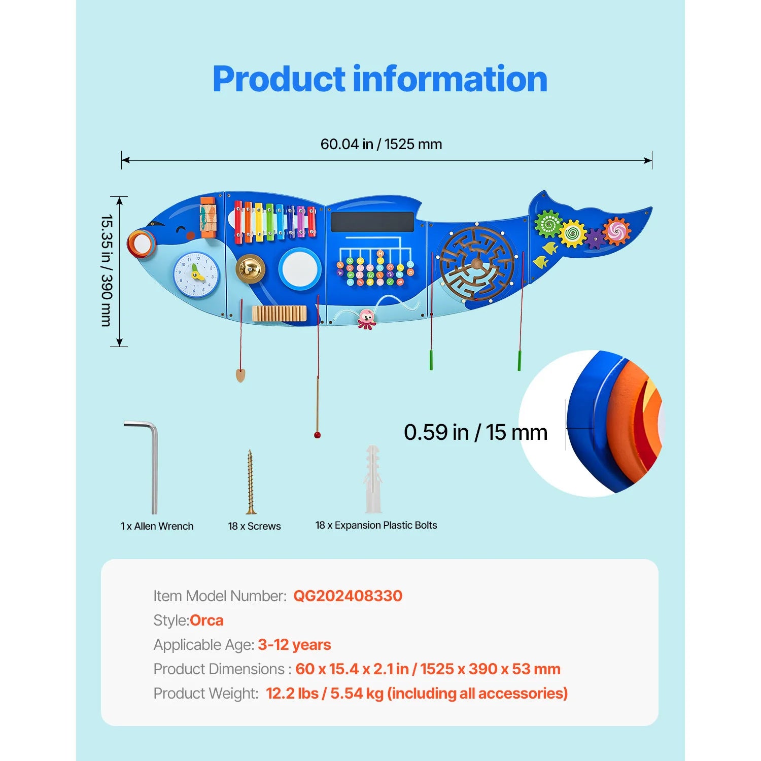 SucceBuy Orca Kids Wall Busy Board 12 Activities  Toys for Toddler 3-12 Play Toys