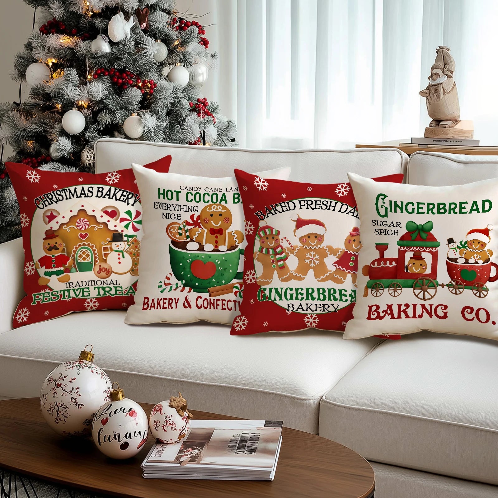 1/4pcs red Christmas pillowcases,  gingerbread bakery design