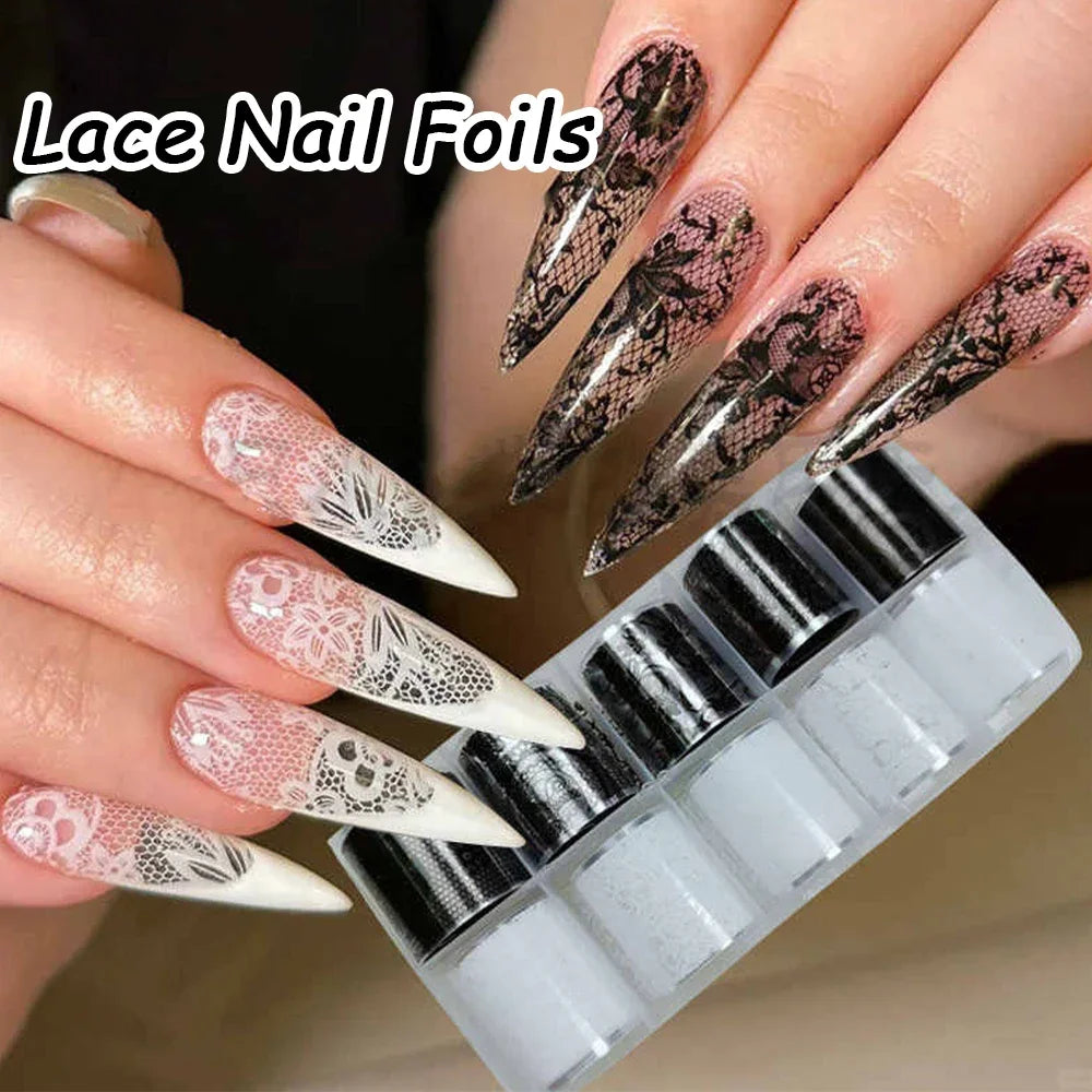 10 Rolls 2.5*50cm Sexy Lace Nail Foils Black White Transfer Paper Nail Art Stickers Stripe Lace Manicure Decals Nail Decorations
