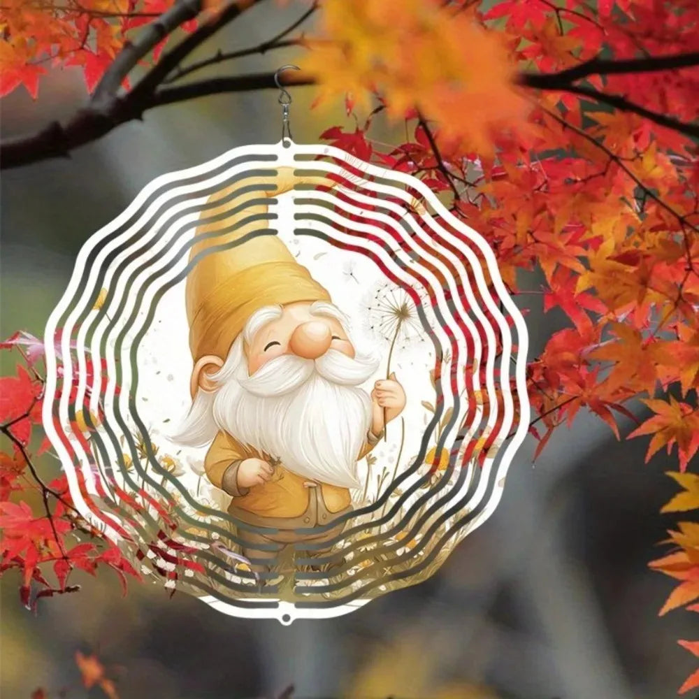 Wise Gnome and Dandelion Hanging Wind Chime - 3D Kinetic Wind Spinner Metal Art, Stylish Outdoor Decor for Garden, Balcony