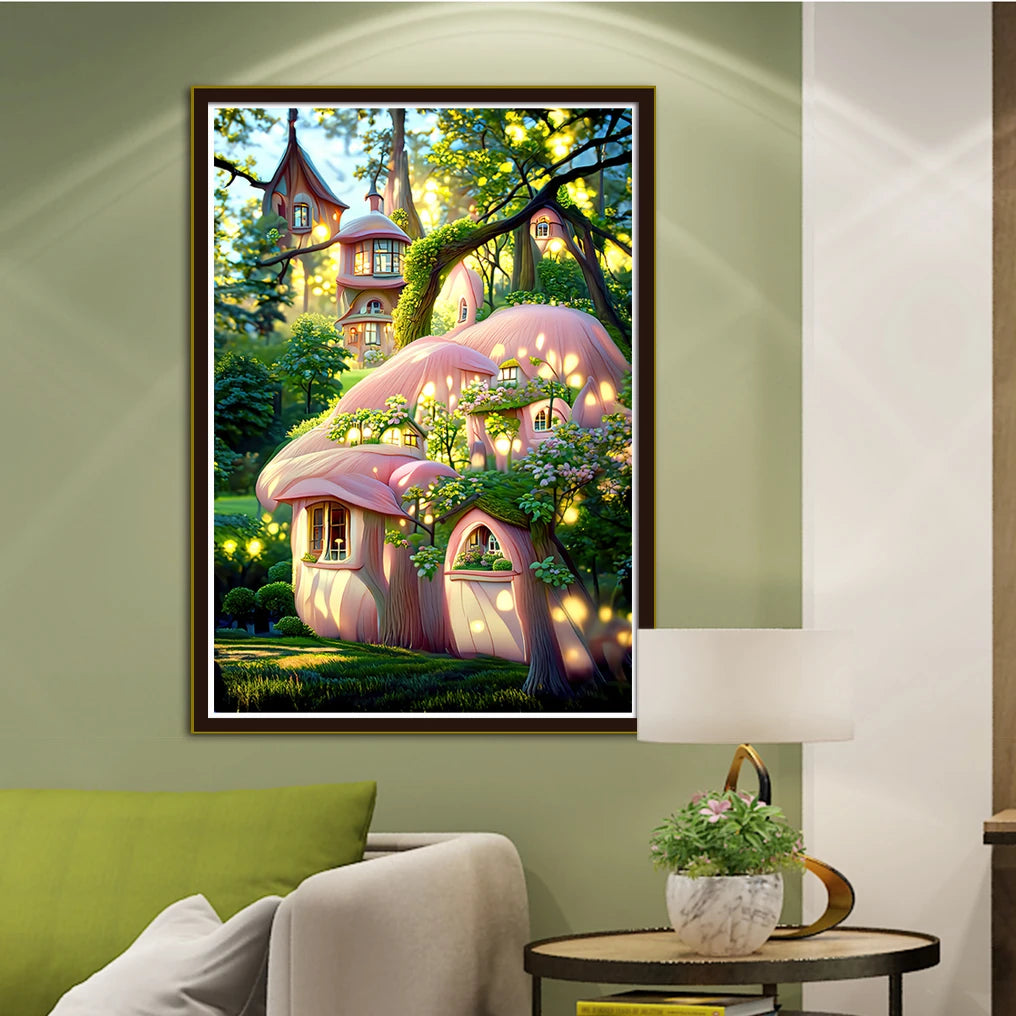 Fairy Tale Dream Mushroom House, Pink Forest Sunshine Theme, DIY Cross-Stitch Kit, Handmade Embroidery Material Package, Fantasy Fairy Tale Scene, Home Decoration Gift