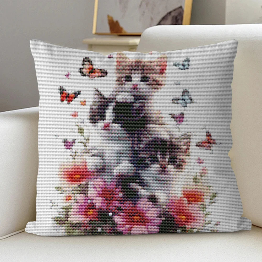 Cat Cross Stitch Pillow Kit Flower Printed Canvas 11CT Needlework Set Cartoon Handmade Craft Living Room Accessories