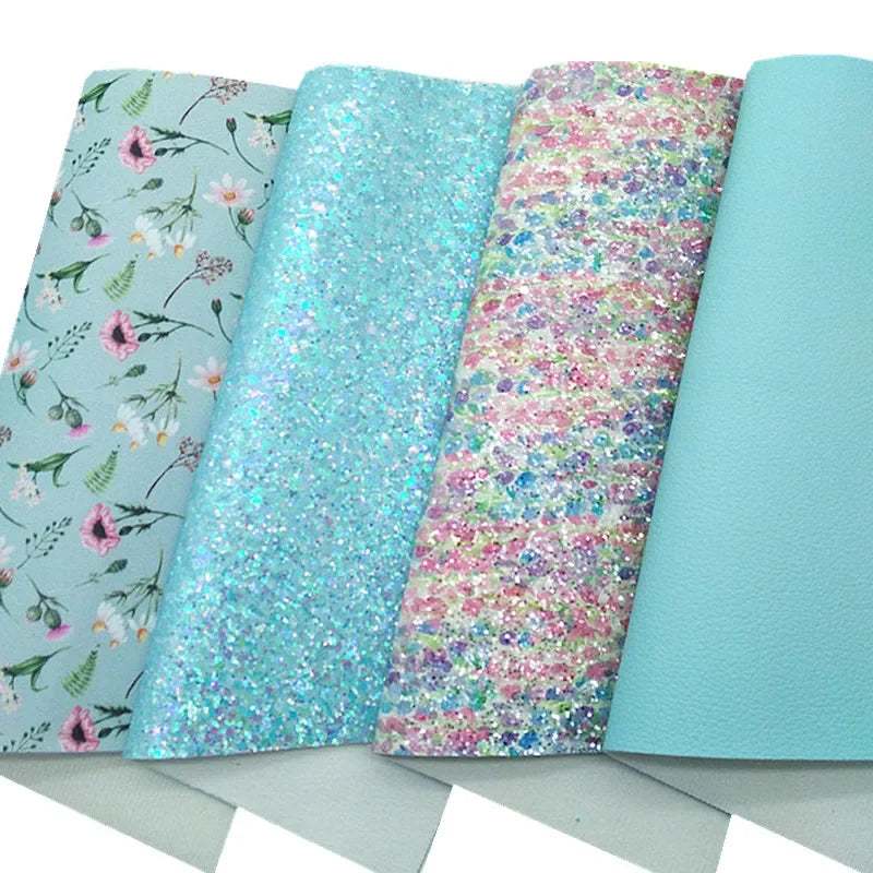 Blue Chunky Glitter Leather Leopard Flowers Printed Glitter  Sheets 21x29CM