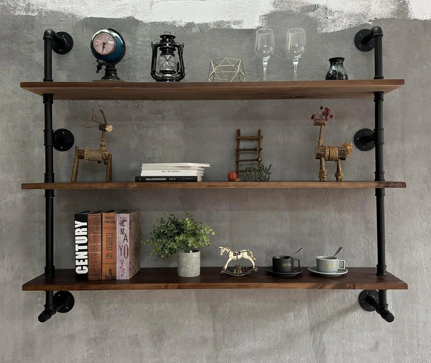 Industrial Pipe Wall Shelves with Real Wood Plank in Dark Brown