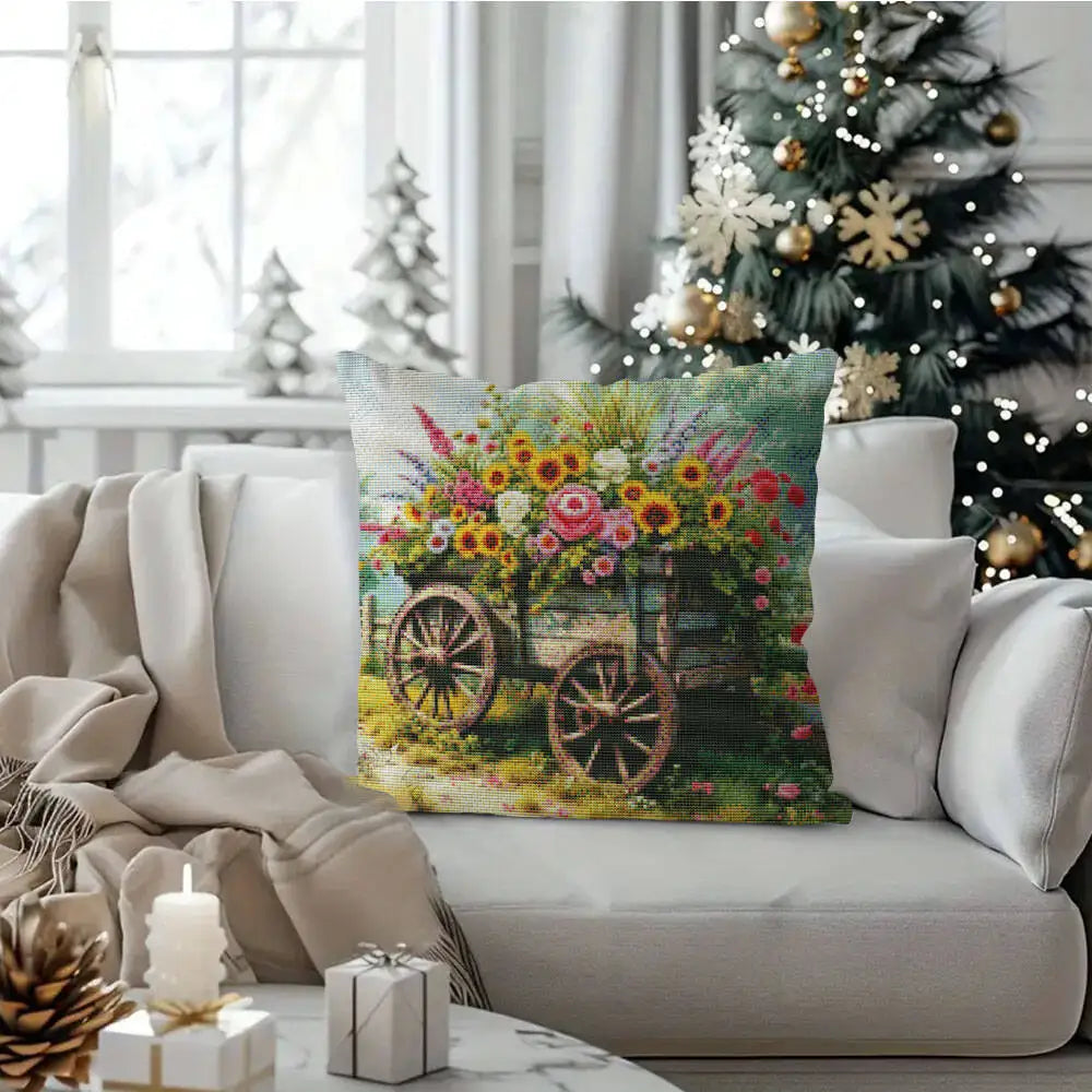 Cross Stitch Pillow Flower Basket Cart 11ct