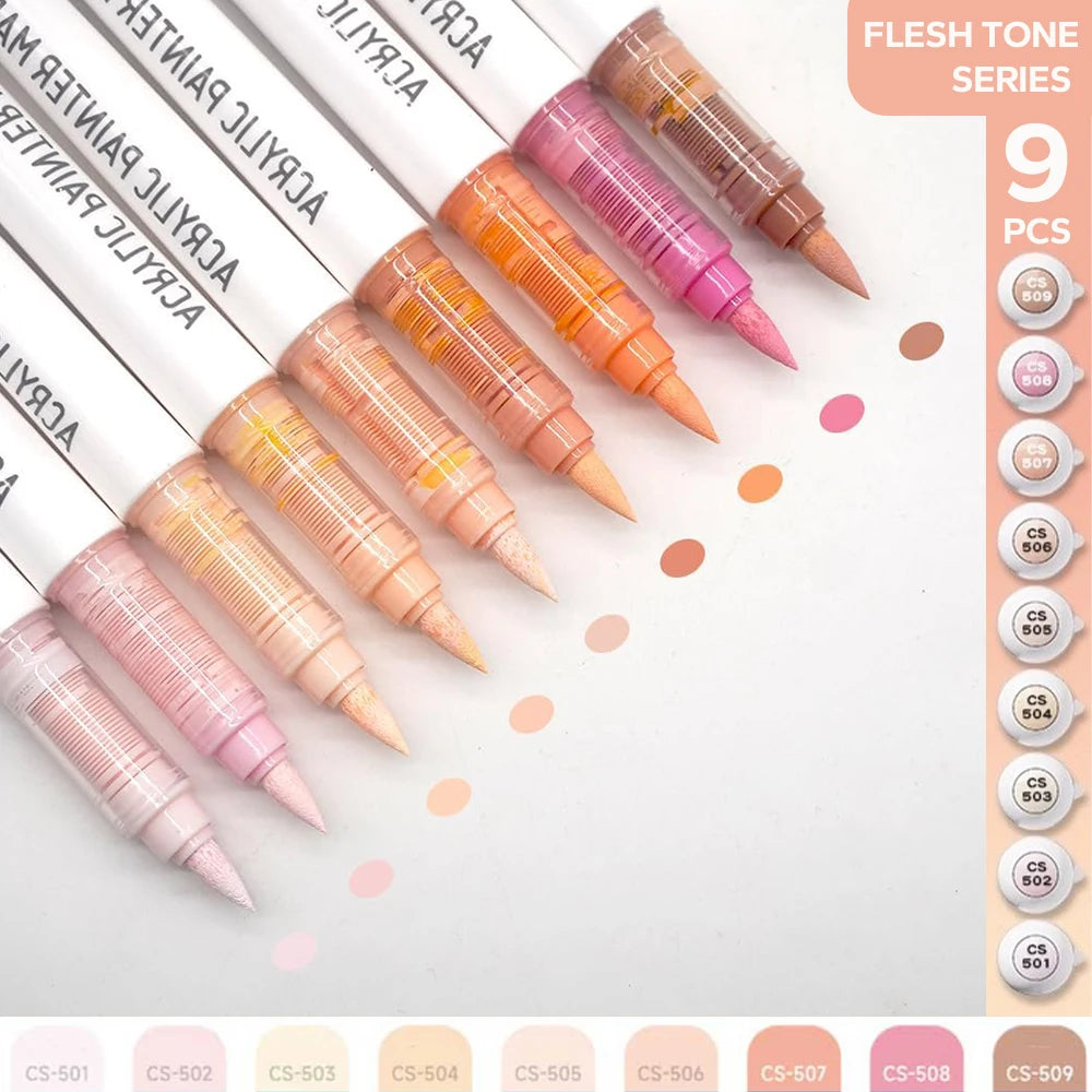 Acrylic Brush Markers Set 9 in grey, brown or flesh tones