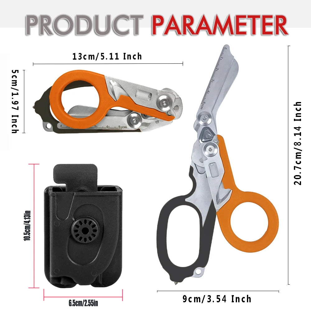 Multifunctional Scissors with Strap Cutter and Glass Breaker with Compatible Holster