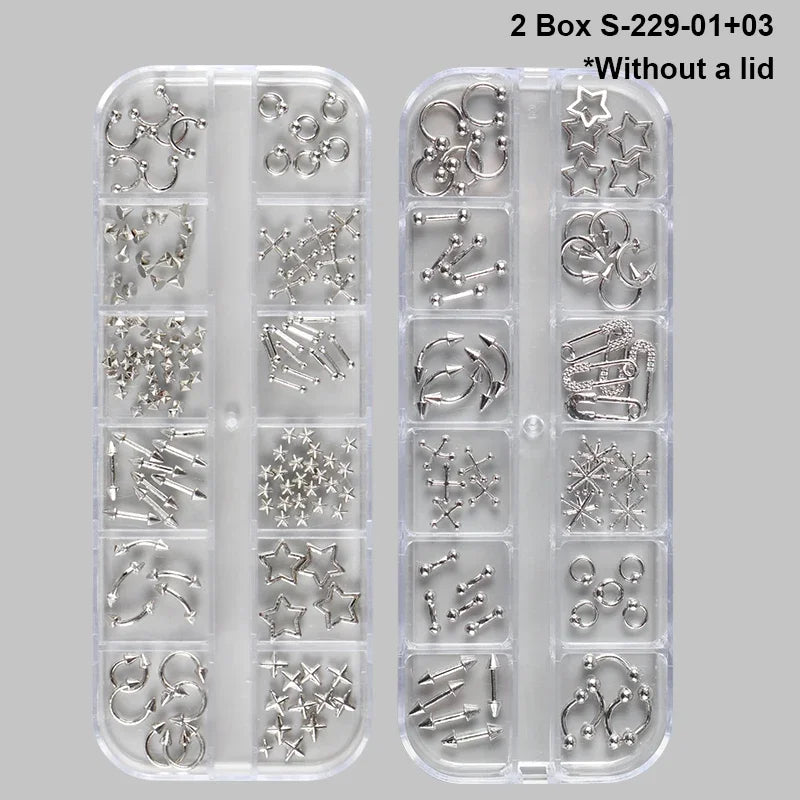 12 Grids Goth Punk Nail Charms Studs Y2K Piercing Designs Metallic Silvery Nails Art Rivets 3D Stars Alloy Nail Art Decorations