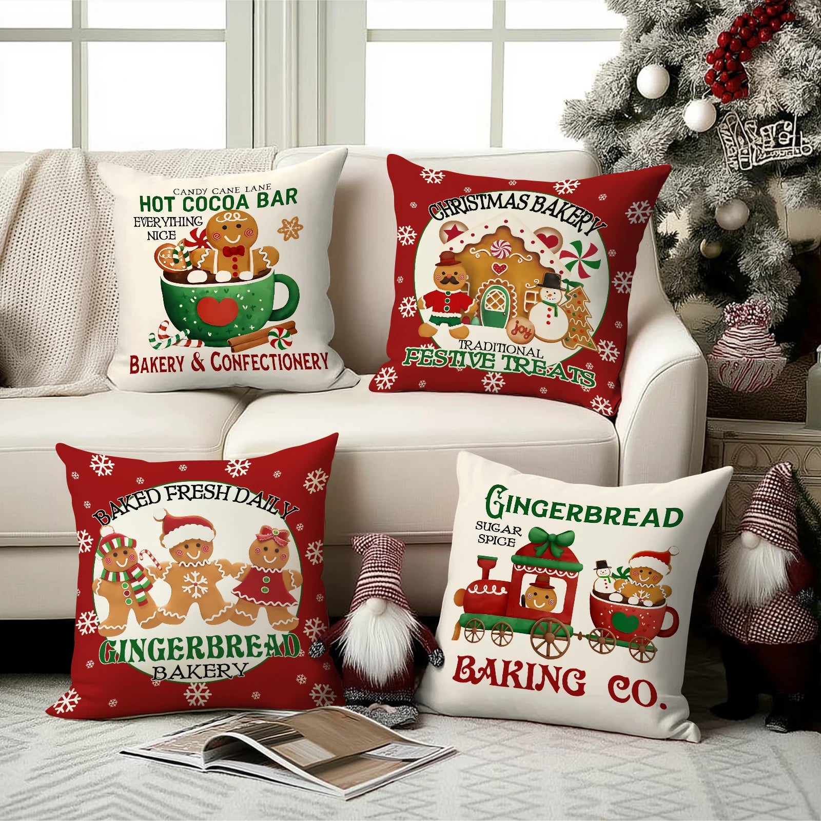 1/4pcs red Christmas pillowcases,  gingerbread bakery design