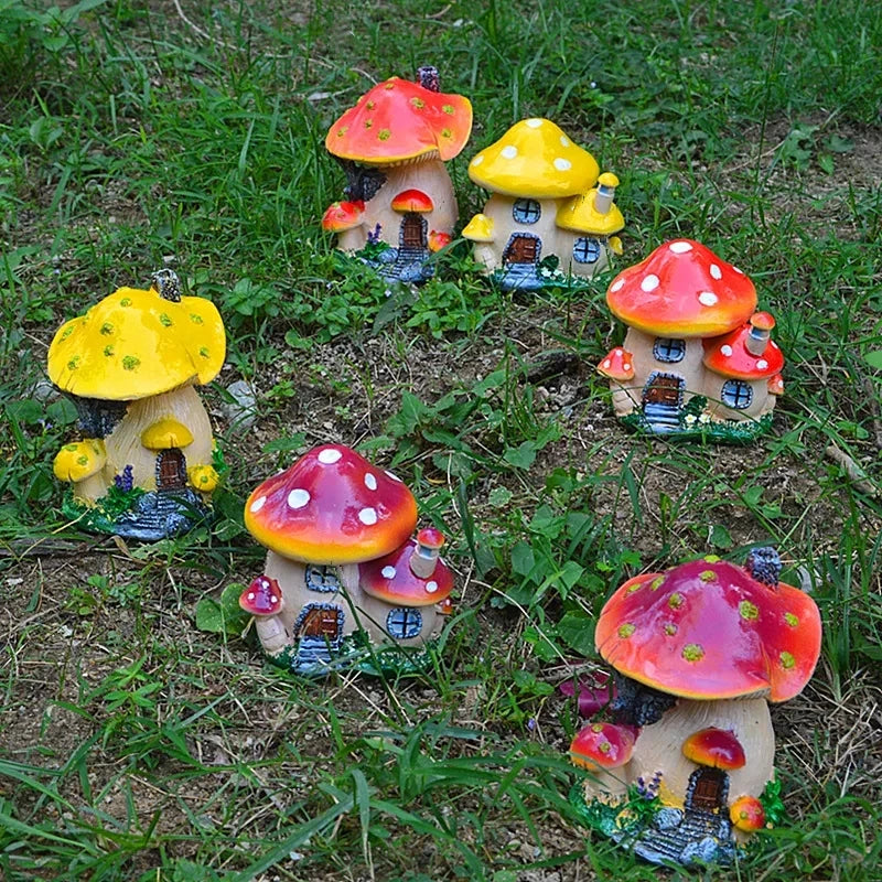 Cute Resin Mini Mushroom House Outdoor Garden Decoration Statue Gnome's House Sculpture For Home Office Room Decor Ornament