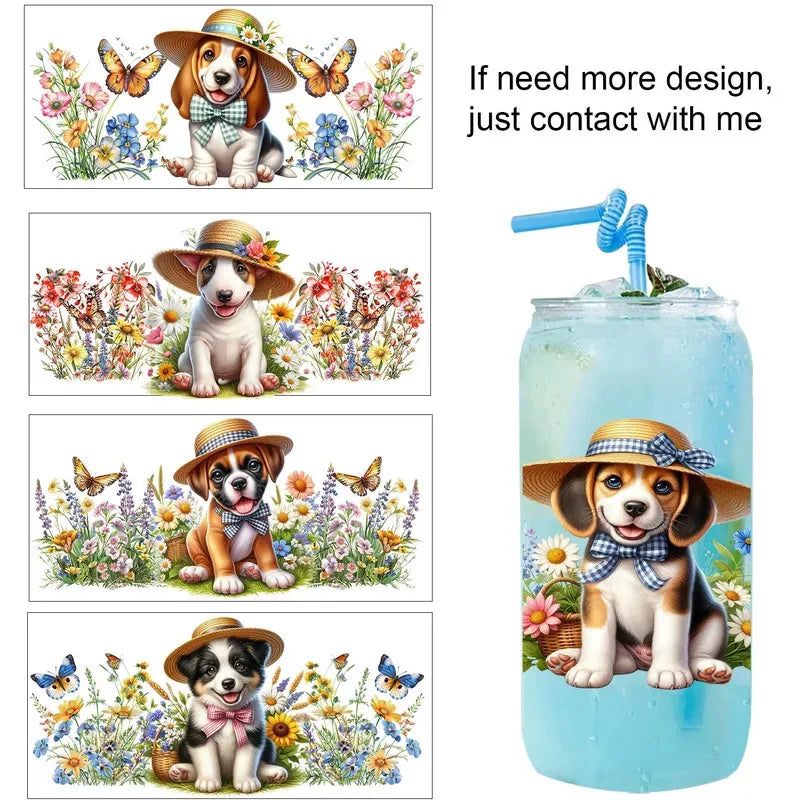 Cute dogs artwork UV 3D transfers UV DTF  stickers 16oz cup wraps