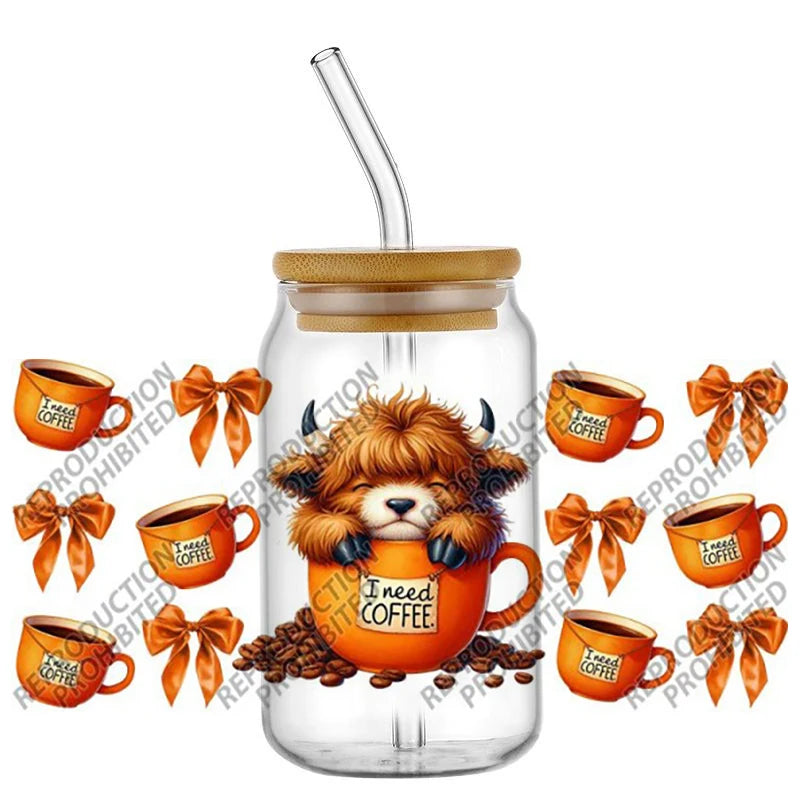 Scotland cow I need coffee UV DTF  Decals for 16oz cup wraps