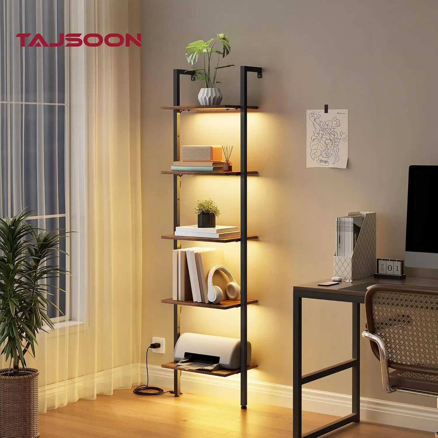 5-Tier Wall-Mounted Ladder Shelf with LED Light, Metal Frame