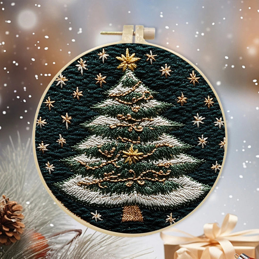 Christmas Tree Stamped Cross Stitch Embroidery Kits with Hoop Cloth Color Thread