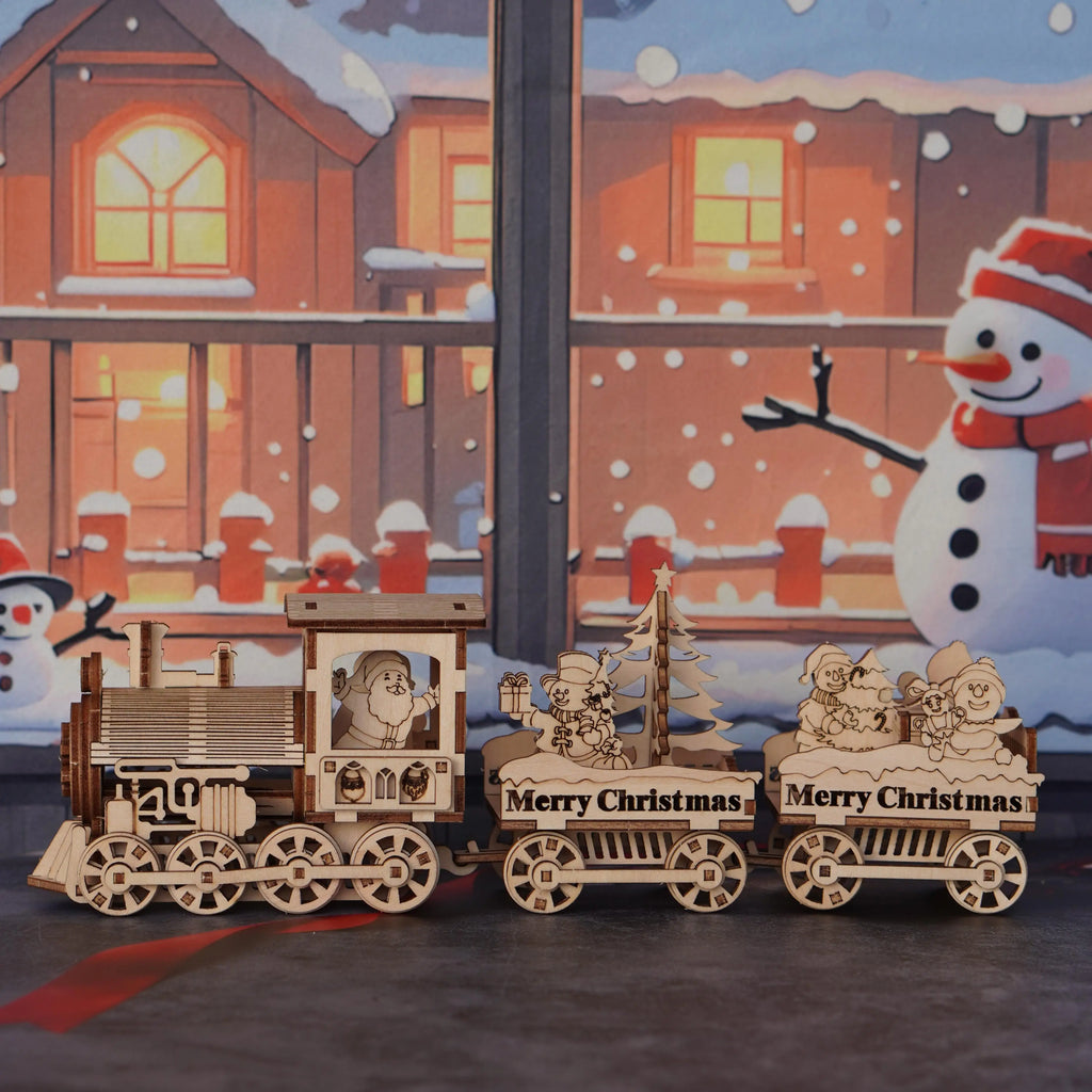 3D Wooden Christmas Train Puzzle Set - Retro Yellow Steam Motorcycle with Santa Claus, Snowman and Holiday Scene - Ideal Gift and Seasonal Decoration, Winter Wonderland Christmas Decoration