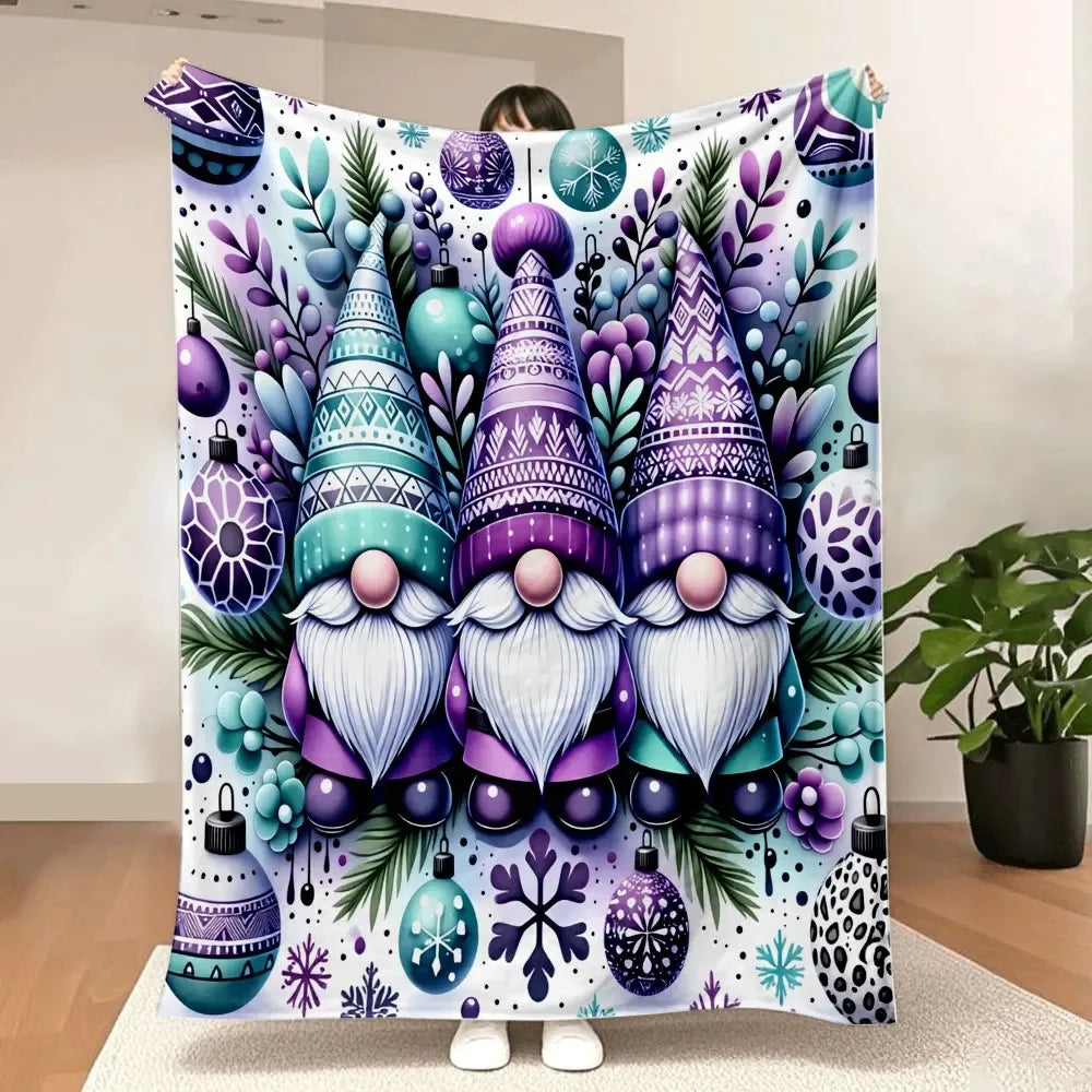 Christmas Gnome Blanket - Whimsical Festive Gnomes with White Beards & Pink Noses, Ornate Teal/Purple Ornaments, Evergreen Sprig