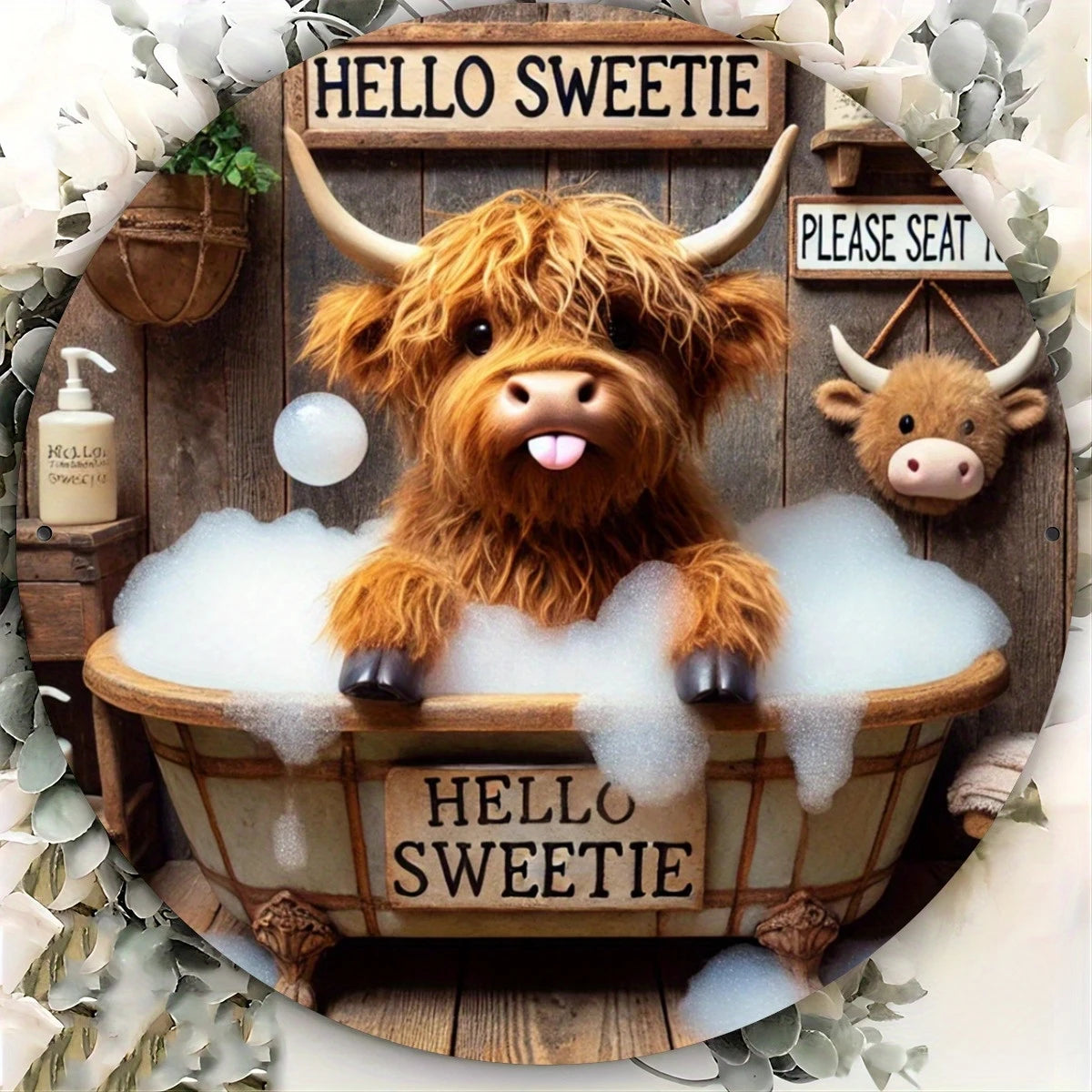 1 Piece 2D Wooden Disc Bathtub Cow 8 Inch Wall Art Bar Cafe Club And Kitchen Home Garden Outdoor Multifunctional Wall Decoration