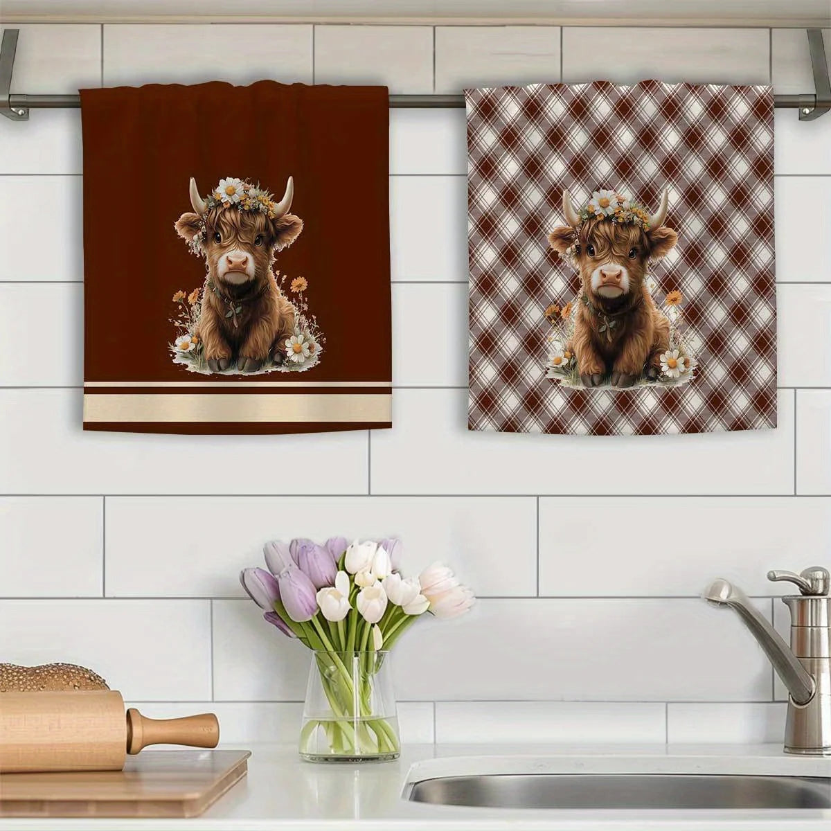 2Pcs, Highland Cow Brown Plaid Kitchen Towels,