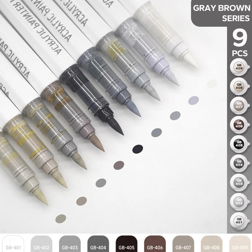Acrylic Brush Markers Set 9 in grey, brown or flesh tones