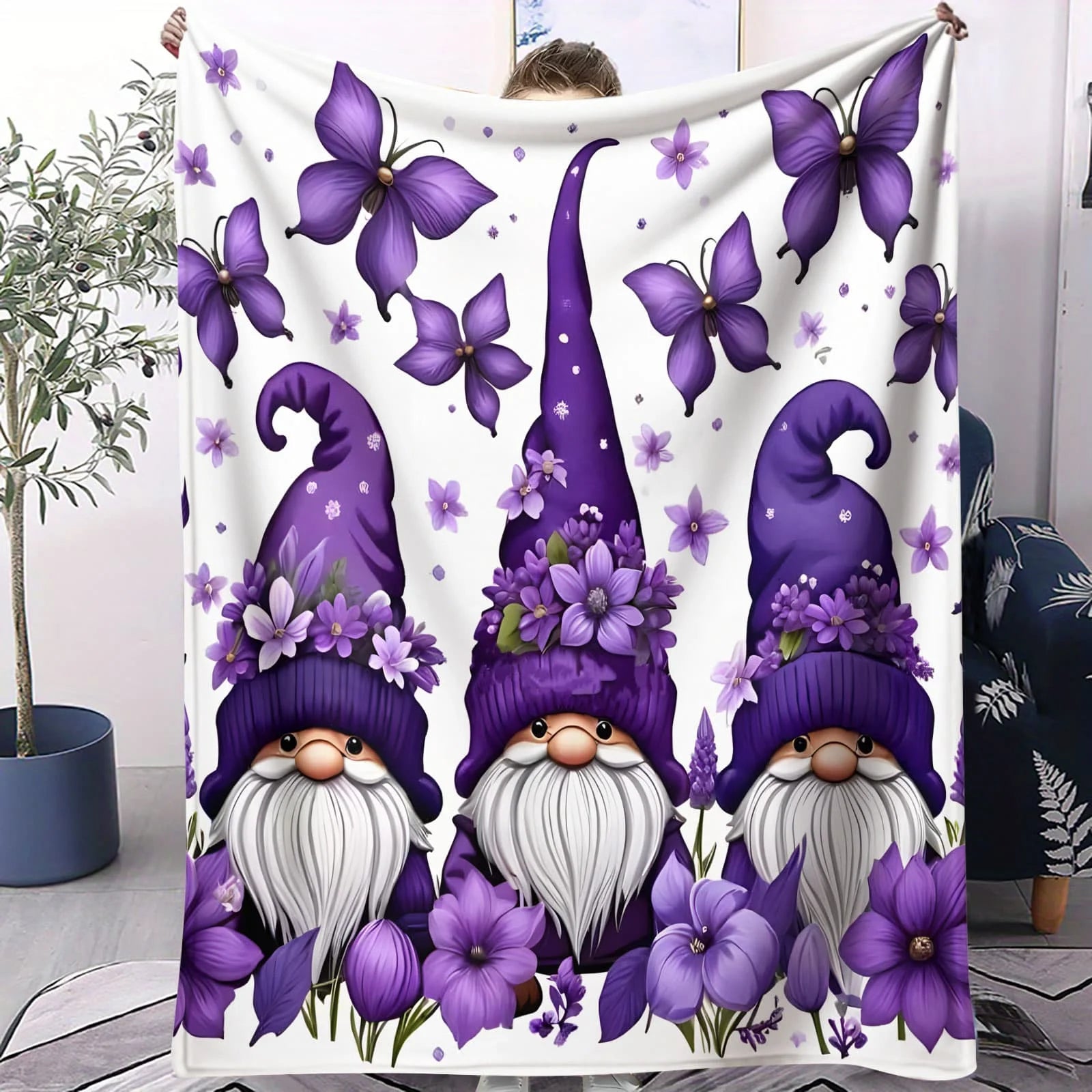 Fantasy Gnome Flannel Blanket Flower Christmas Gnomes Bedroom Throw Decor Camping Sofa Blanket Kids Couples Family Friends Gift