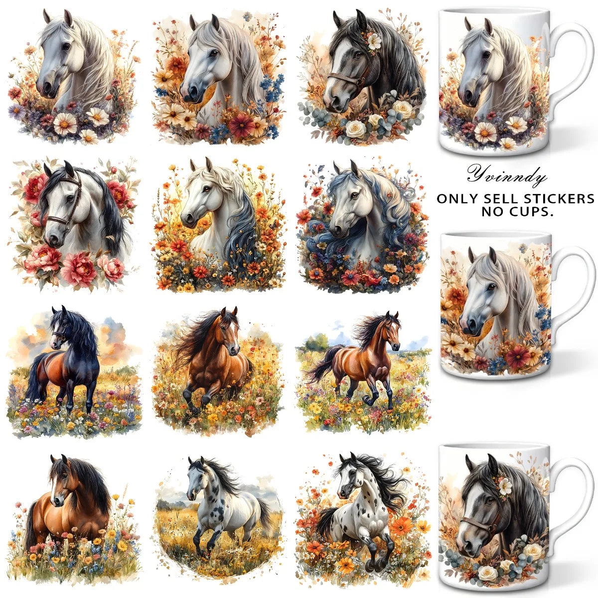 12PCS/SETFloral Horse UV DTF DIY Transfer Stickers