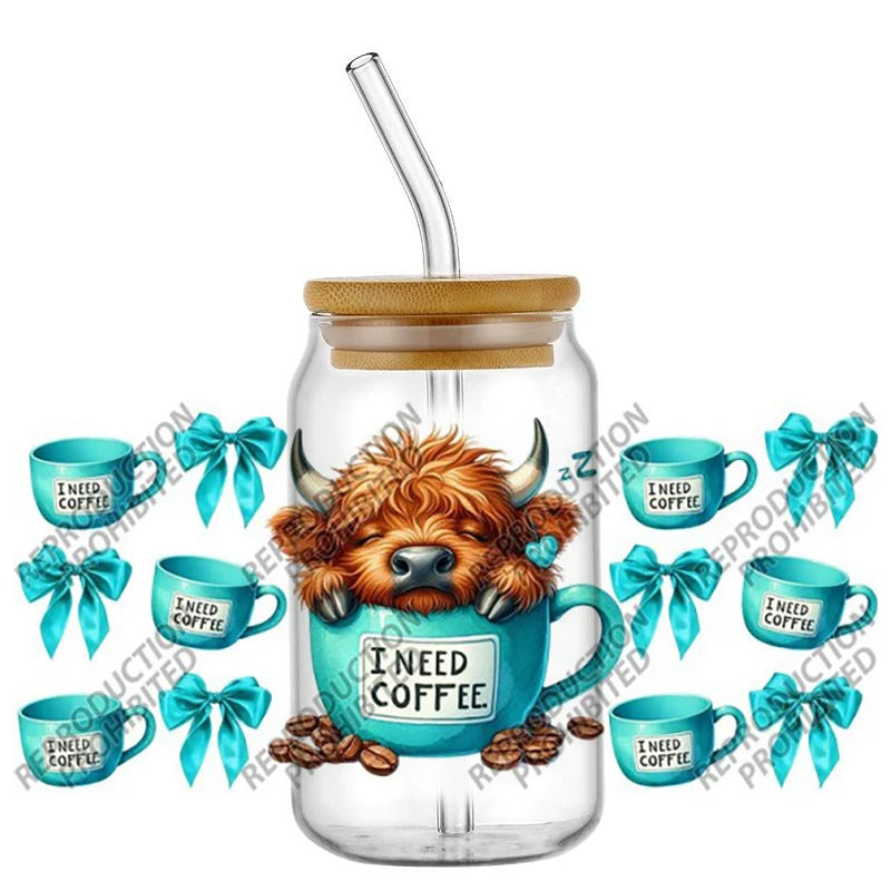 Scotland cow I need coffee UV DTF  Decals for 16oz cup wraps