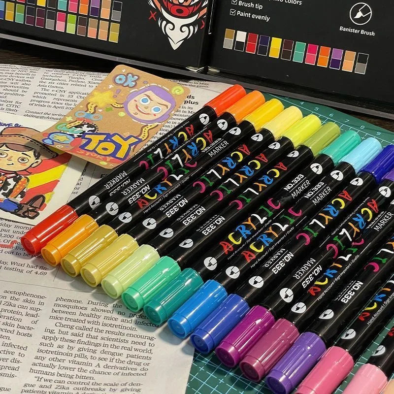 Professional Art Color Acrylic Paint Markers, Dual-Tip Fine and Brush Tip Pens,