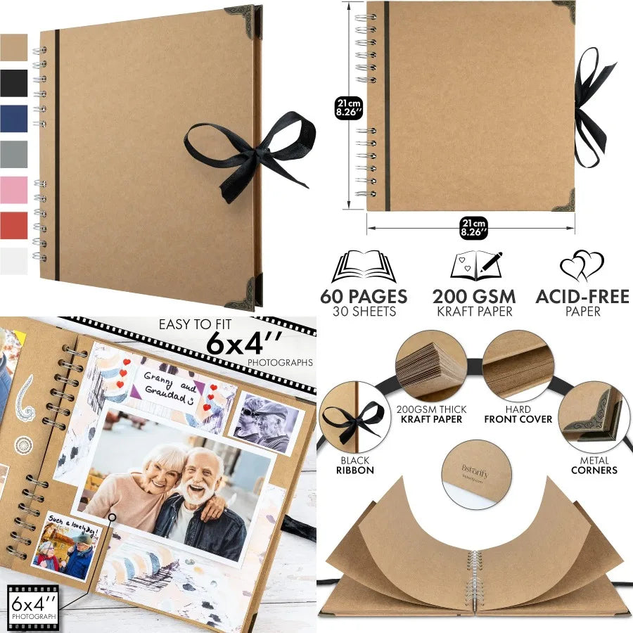 Bstorify Scrapbook Album 60 Pages 8 x 8 Inch Brown Thick 200gsm Kraft Paper Photo Album Scrapbook Memory Book - Ideal for Your