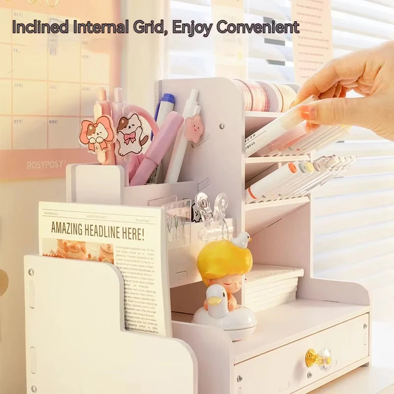 Wooden Desk Organizers Shelves and drawer pen holder