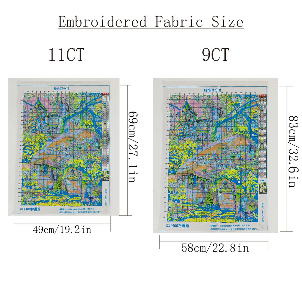 Fairy Tale Dream Mushroom House, Pink Forest Sunshine Theme, DIY Cross-Stitch Kit, Handmade Embroidery Material Package, Fantasy Fairy Tale Scene, Home Decoration Gift