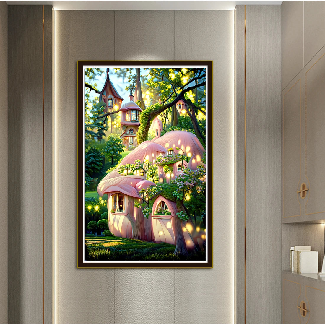 Fairy Tale Dream Mushroom House, Pink Forest Sunshine Theme, DIY Cross-Stitch Kit, Handmade Embroidery Material Package, Fantasy Fairy Tale Scene, Home Decoration Gift