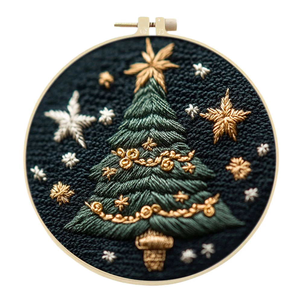 Christmas Tree Stamped Cross Stitch Embroidery Kits with Hoop Cloth Color Thread