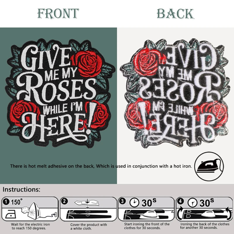 3-Pack of Iron-On Patches-  "Give Me Roses While I'm here" - Sew-Free Fabric Patches,  Durable Iron-On Decoration, Bold Font Design Long-Lasting Adhesive High-Quality Transfer,