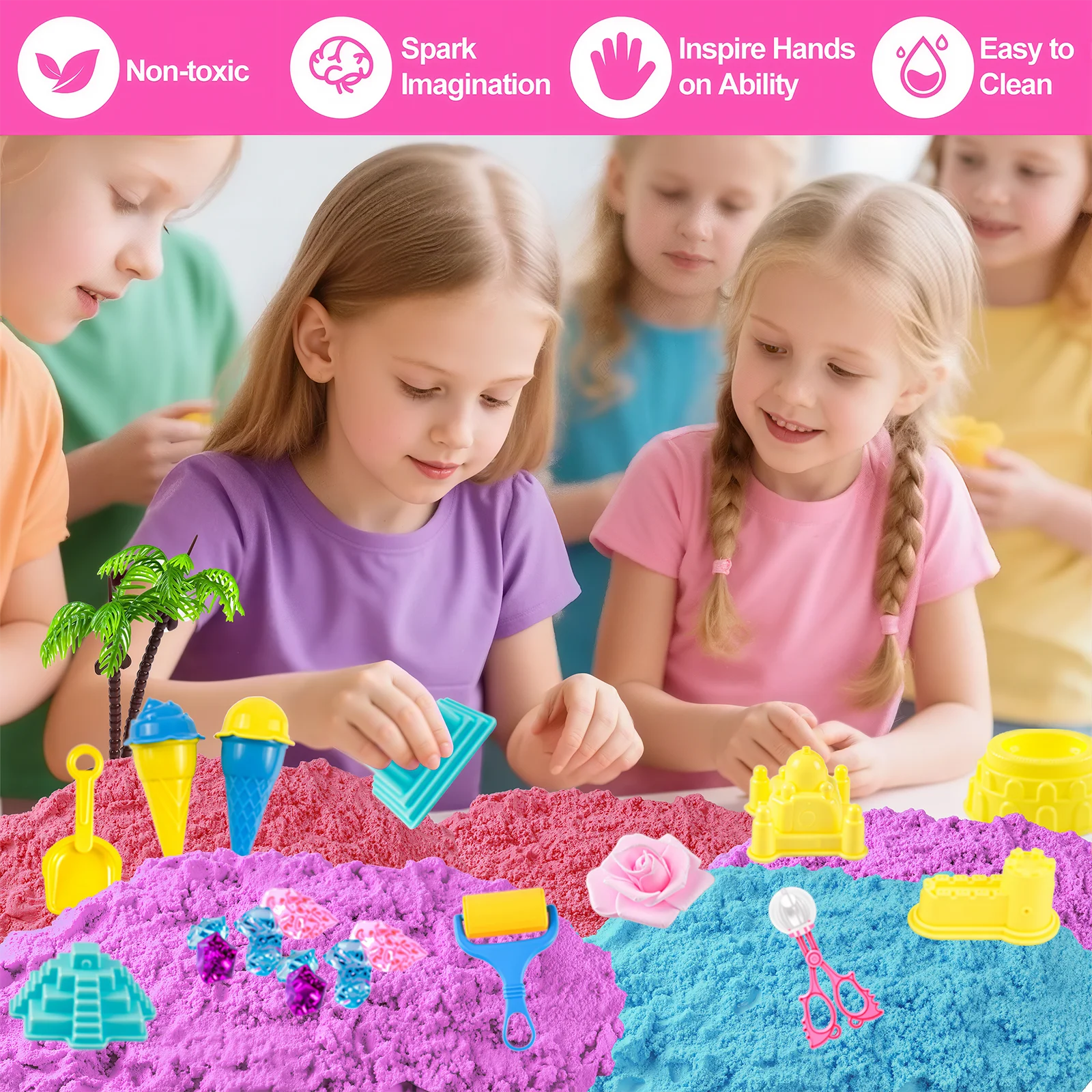 Unicorn Sensory Bin for Girl, Magic Sand Art Kit for Kids with Sandbox, Castle Molds, 2.18lb 3 Color Sand, Best Birthday Gift
