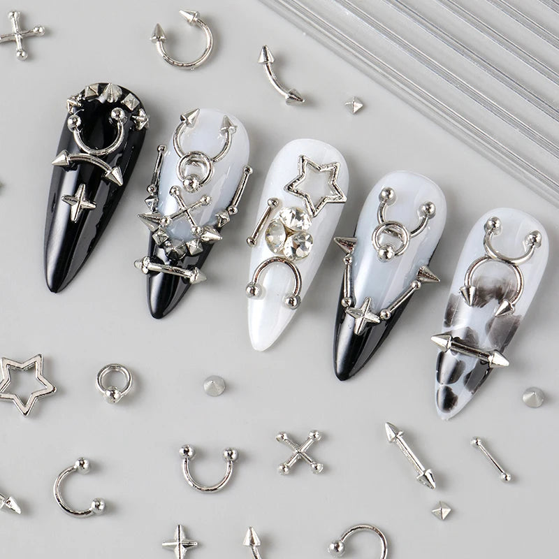 12 Grids Goth Punk Nail Charms Studs Y2K Piercing Designs Metallic Silvery Nails Art Rivets 3D Stars Alloy Nail Art Decorations