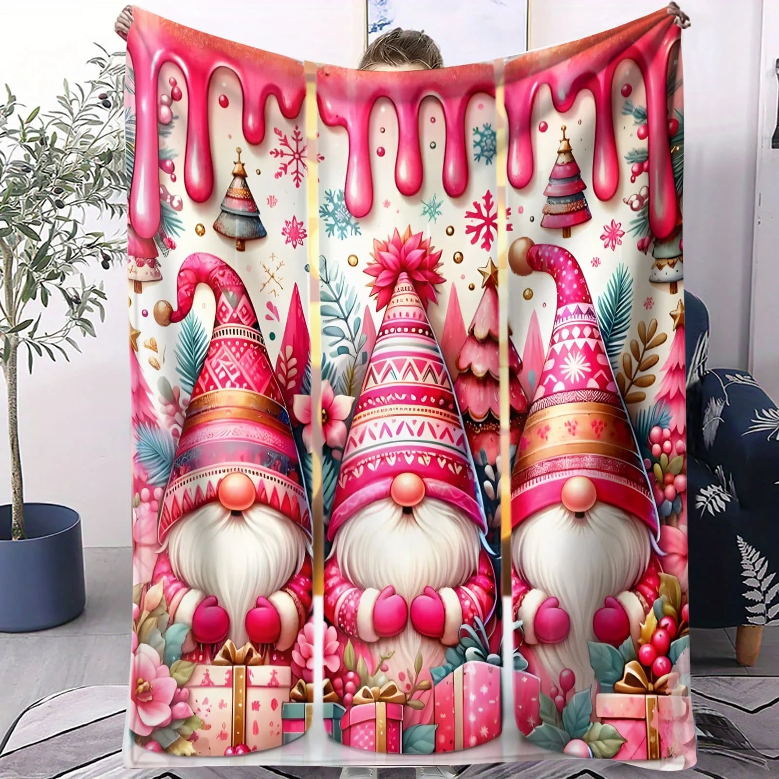 Fantasy Gnome Flannel Blanket Flower Christmas Gnomes Bedroom Throw Decor Camping Sofa Blanket Kids Couples Family Friends Gift
