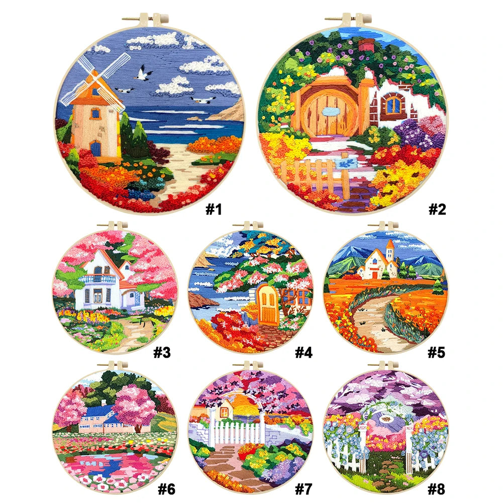 Landscape Stamped Cross Stitch Embroidery Kits with Hoop