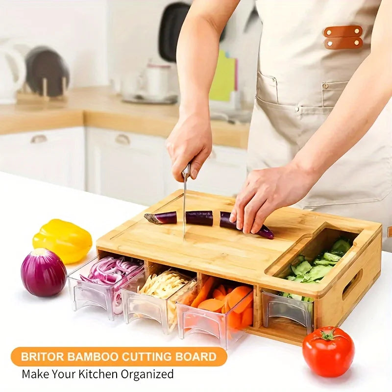 Multifunctional Bamboo Cutting Board Set with 4 Vegetable Cutting Blades