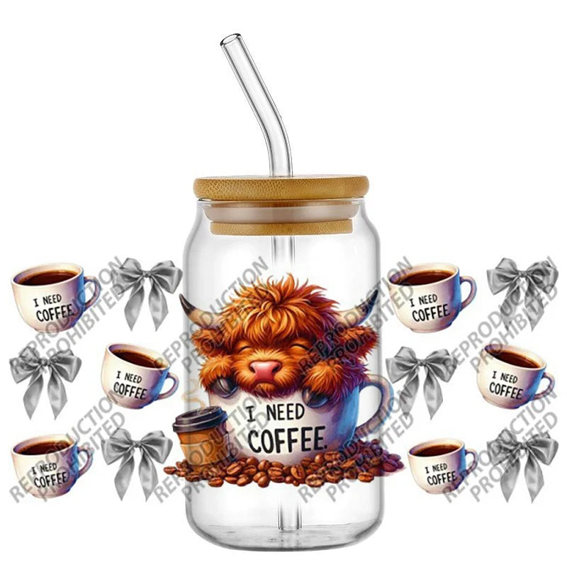 Scotland cow I need coffee UV DTF  Decals for 16oz cup wraps