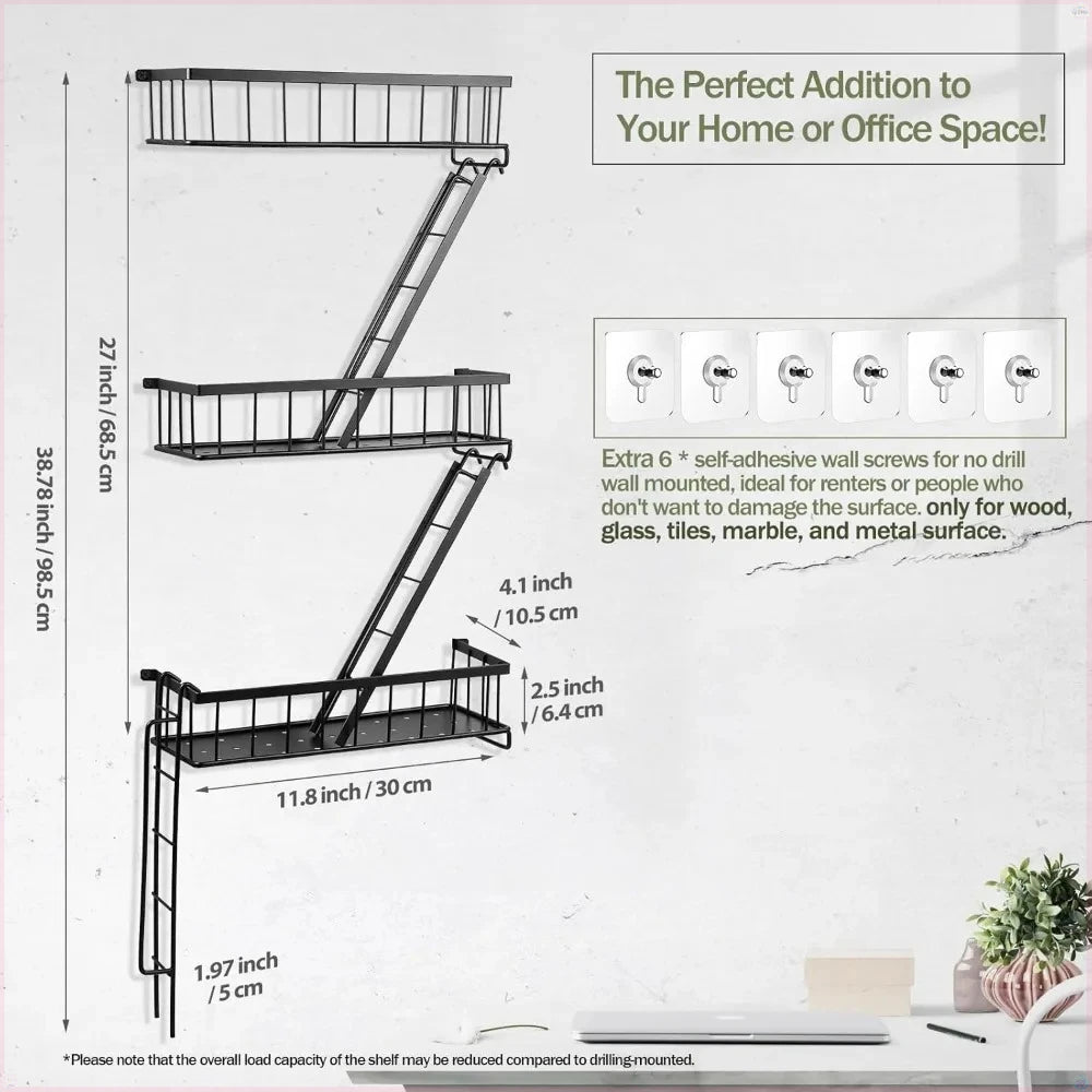 Fire Escape Wall Shelf - Wall Art Floating Shelf Black Metal Shelves  (3-Tier)