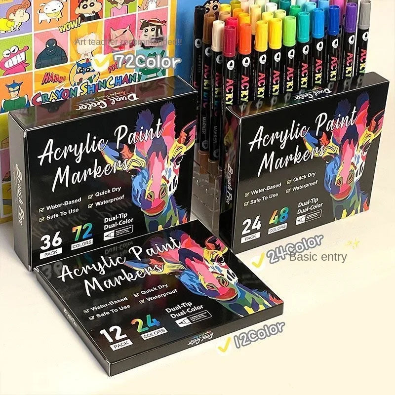 Professional Art Color Acrylic Paint Markers, Dual-Tip Fine and Brush Tip Pens,